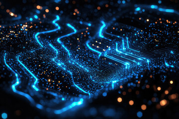 Fototapete - Abstract digital illustration of glowing blue circuit lines and particles on a dark background.