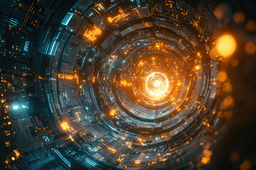 Fototapete - Abstract digital art depicting a futuristic, glowing, circular technological structure with intricate details.