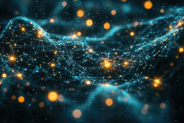 Poster - Abstract digital network, glowing nodes and connections, forming a wavy pattern in dark space.