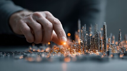 Poster - A hand interacts with a glowing, intricate cityscape model, symbolizing innovation and technology.