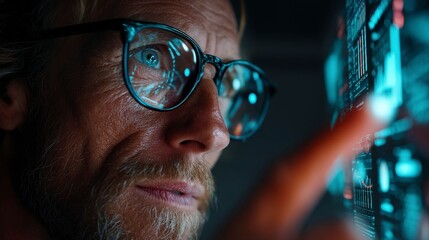 Poster - Focused man interacting with digital interface, showcasing technology and concentration.
