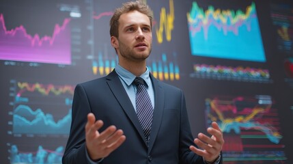 Poster - Businessman presenting data analytics in front of colorful digital graphs and charts.