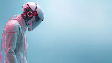 Poster - Futuristic robotic figure with a sleek design, set against a minimalist blue background.
