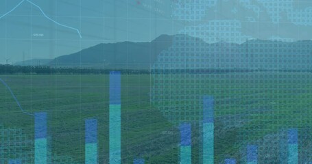 Poster - Translucent data overlaying field with spinning wind turbines world map grid and rising line charts