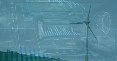 Poster - Wind turbine being visualized on grassy hill, 3D grid overlaying scene with holographic charts