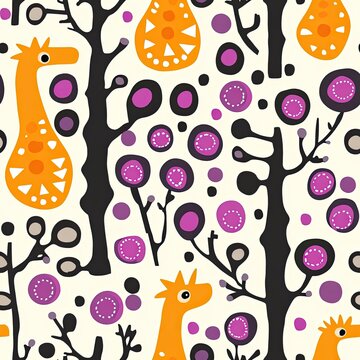 Whimsical Orange Giraffes in a Purple and Orange Abstract Garden Seamless Pattern Design