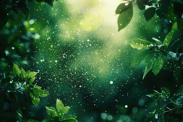 Poster - Enchanted forest scene with sunlit leaves and magical dust particles.