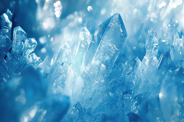 Poster - Stunning cluster of icy blue crystals, shimmering with light and exhibiting intricate formations.