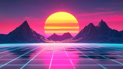 Wall Mural - retro sunset over mountains, grid landscape