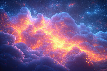 Poster - Glowing embers illuminate a celestial cloud landscape against a backdrop of twinkling stars.