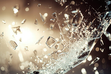 Poster - Shattered glass fragments explode outwards in a dramatic burst against a bokeh background.
