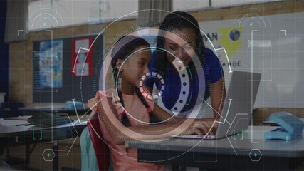 Poster - Teacher guiding student in classroom, featuring holographic HUD overlay above laptop screen