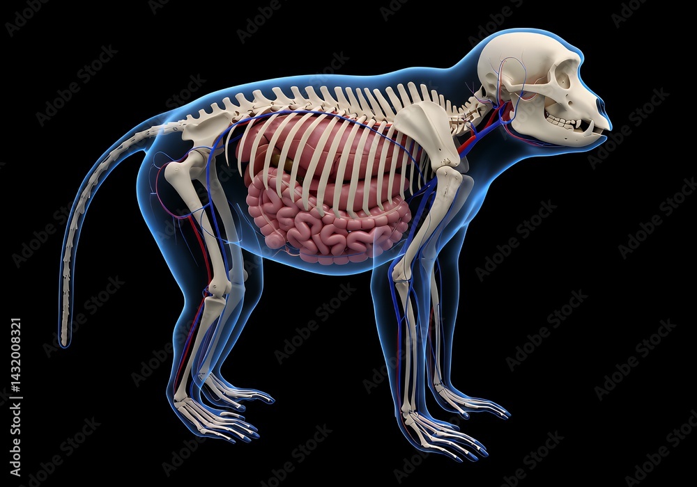 Monkey anatomy skeleton internal organs digestive system medical ...