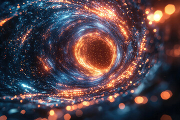 Poster - A swirling vortex of blue and orange energy, resembling a cosmic tunnel or wormhole.