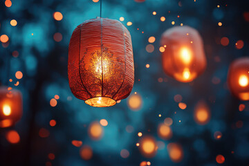 Poster - Glowing red lanterns with intricate designs hang against a bokeh background, creating a magical ambiance.