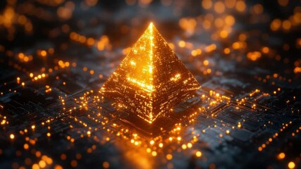 Poster - Glowing Pyramid: A mesmerizing digital rendering showcasing a radiant pyramid, embedded within an intricate circuitry, conveying a sense of innovation, technology, and the digital frontier.