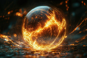 Fototapete - A fiery, swirling sphere of energy, glowing intensely with streaks of light, rests on a dark surface.