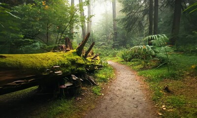 Wall Mural - serene forest path with fallen moss-covered log and mushrooms, surrounded by mist greenery