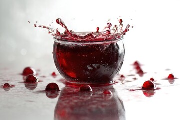 Poster - a vibrant splash of red liquid erupts from a glass bowl, surrounded by spilled droplets, creating dy