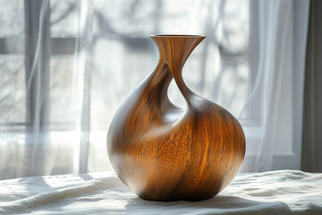 Poster - An abstract wooden vase, artfully carved with flowing curves and rich brown grain, sits on a light fabric.