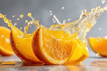 Poster - Vibrant splash of juice over sliced oranges, creating a dynamic composition that highlights the freshness and vitality of the citrus fruit, perfect for healthy lifestyle promotion.