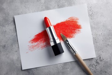 Poster - Conceptual art featuring vibrant red lipstick, a brush, and a stroke of color on white paper, emphasizing creative makeup application and artistic expression.