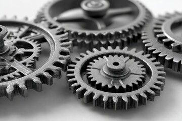 Poster - Detailed close-up of interlocking metal gears on a white surface, showcasing industrial precision, engineering concept, machinery, and complex mechanical components.