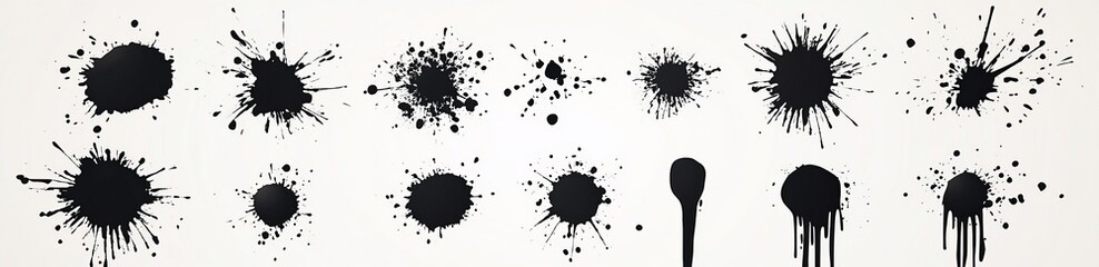 Poster - Isolated on white, an assortment of spray paint elements, such as black ink lines, drips, and splatters, comprise a contemporary street style collection of graffiti spray banners and paint shapes