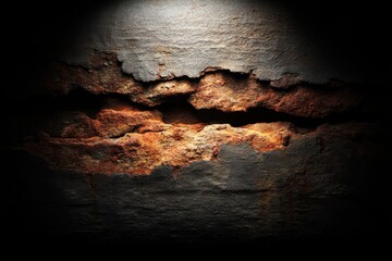 Poster - An eerie close-up of a crumbling brick wall with peeling concrete, exposing rust textures, illuminated by a dramatic spotlight creating a mysterious and haunting scene.