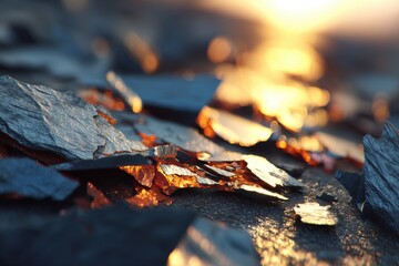 Poster - Close up of cracked grey ground with orange light shining on some pieces, a beautiful scene. The depth of field is well done, with blurred background.