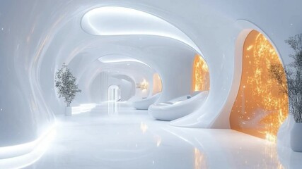 Aufkleber - Futuristic Interior Design: An ethereal and modernistic interior with smooth white walls, sleek organic shapes, and warm golden light illuminates the minimalist lobby.