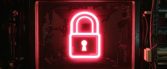 Poster - Robust cybersecurity measures are indicated by a futuristic lock displayed on a computer screen