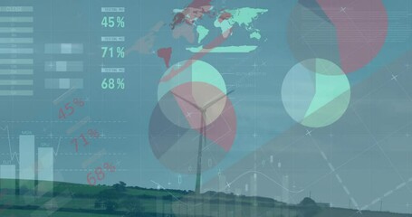 Poster - Wind turbine spinning on hill, featuring translucent data charts, grids, world map overlays