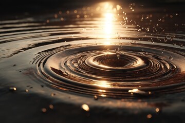 Poster - close-up of water ripples with a bright, golden light reflection, creating a mesmerizing pattern and