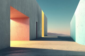 Poster - Minimalist architecture featuring concrete walls, doorways, and horizon with mountains, presenting a serene, and artistic visual, highlighting geometric shapes and desert light.