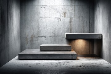 Poster - Minimalist grey concrete room with platforms and spotlight for product display, offering a modern and industrial aesthetic, showcasing texture and simplicity effectively.