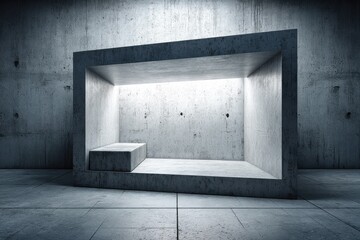 Poster - An industrial concrete room with a rectangular frame, exhibiting a modern and minimalist architectural design with smooth concrete surfaces and diffused light.