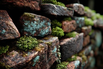 Poster - A rugged stone wall overgrown with lush green moss, creating a natural texture, showcasing a beautiful contrast between the rough rocks and soft greenery.