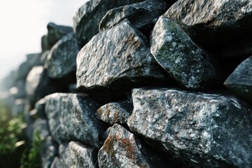 Poster - A close-up of an old stone wall, showcasing the texture and weathered beauty, natural light creates a serene atmosphere, with mossy accents and rough surface.