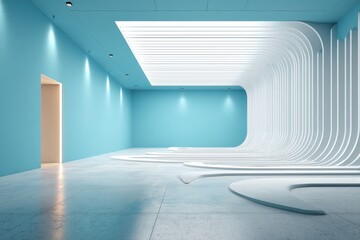 Poster - A futuristic abstract interior space with soft blue walls and a white curved structure, creating a serene and modern architectural atmosphere, perfect for design showcase