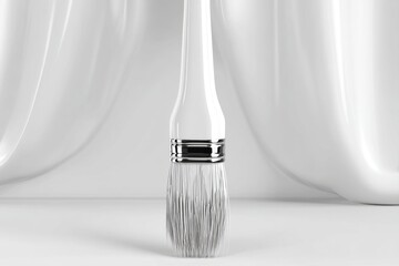 Poster - A monochromatic and clean shot of a white paint brush on a glossy white background, with gentle curves and simple elegance in a minimalistic art style.