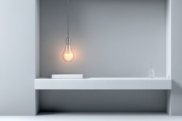 Poster - Illuminating Ideas: A striking minimalist interior featuring a vintage lightbulb casting a warm glow, complemented by sleek white surfaces and a modern aesthetic.