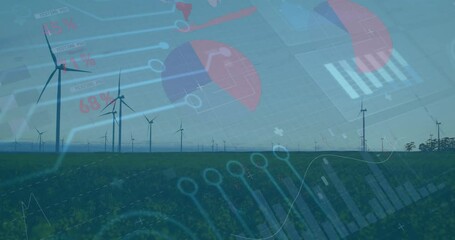 Poster - Wind turbines rotating over green field, showing flat design digital pie charts and line plots