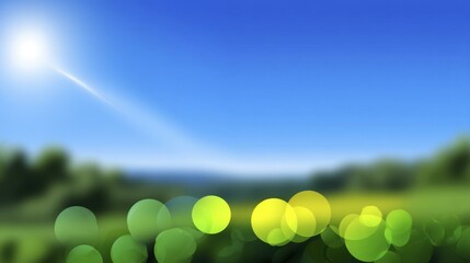 blurred outdoor scene with bright sun, green meadow, and abstract bokeh circles under clear blue sky