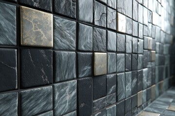 Poster - close-up of a modern wall featuring a stylish arrangement of square tiles in shades of gray and blac