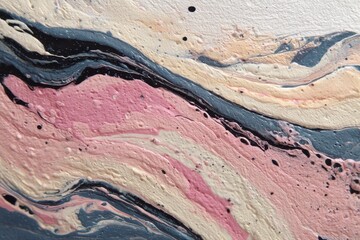 Poster - Close-up abstract pastel painting texture with pink, white, beige and black colors, creating a soft and dreamy visual effect, artistic expression, contemporary art.