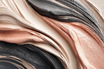 Poster - Elegant abstract background featuring flowing layers of textured material in shades of peach, beige, grey and cream, creating a soft and luxurious artistic design.