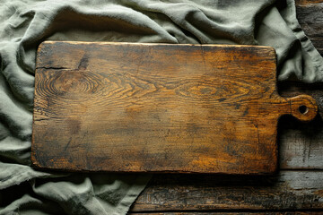 Leinwandbilder - Rustic wooden cutting board on a green linen cloth, perfect for culinary displays or food photography.