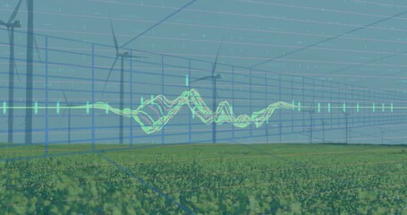 Poster - Colorful digital grid, waveform and candlestick bars spreading over green field and wind turbines