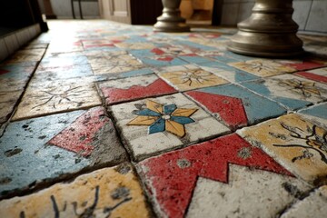 Poster - a colorful patterned tile floor featuring a variety of geometric shapes and floral motifs, creating 
